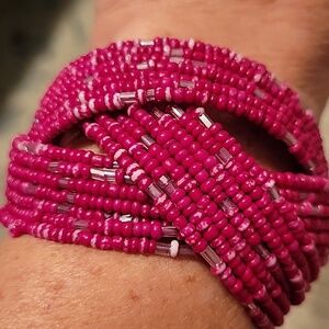 Elegant Pink & Clear Seed Bead Memory Wire Wide Cuff Bracelet Vintage